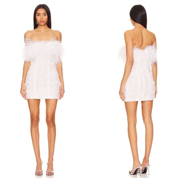 Retrofete Kimberely Embellished Knit Strapless Feather Hem Mini Dress Sz Small - Picture 1 of 9